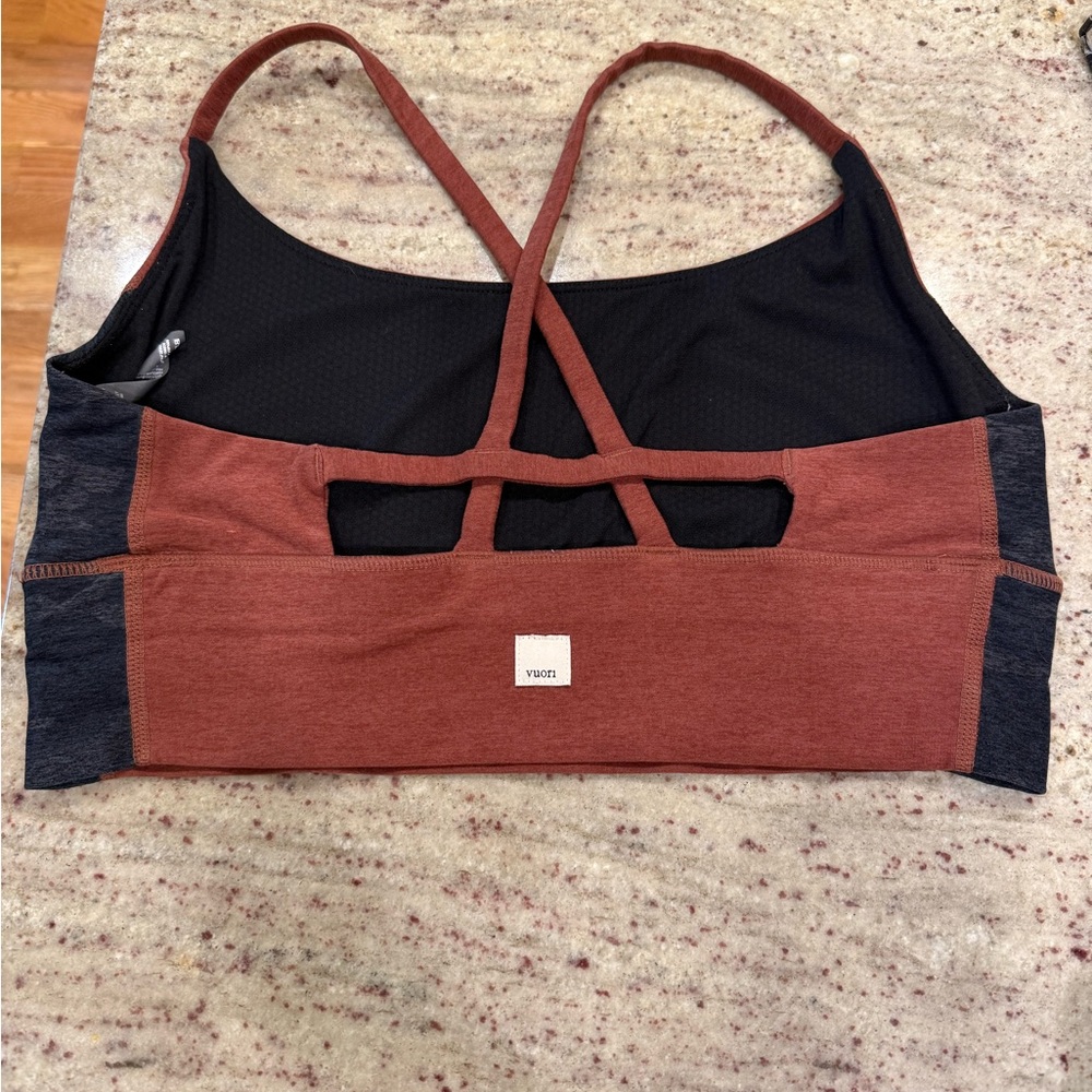 Vuori Strappy Sports Bra in Brown and Black